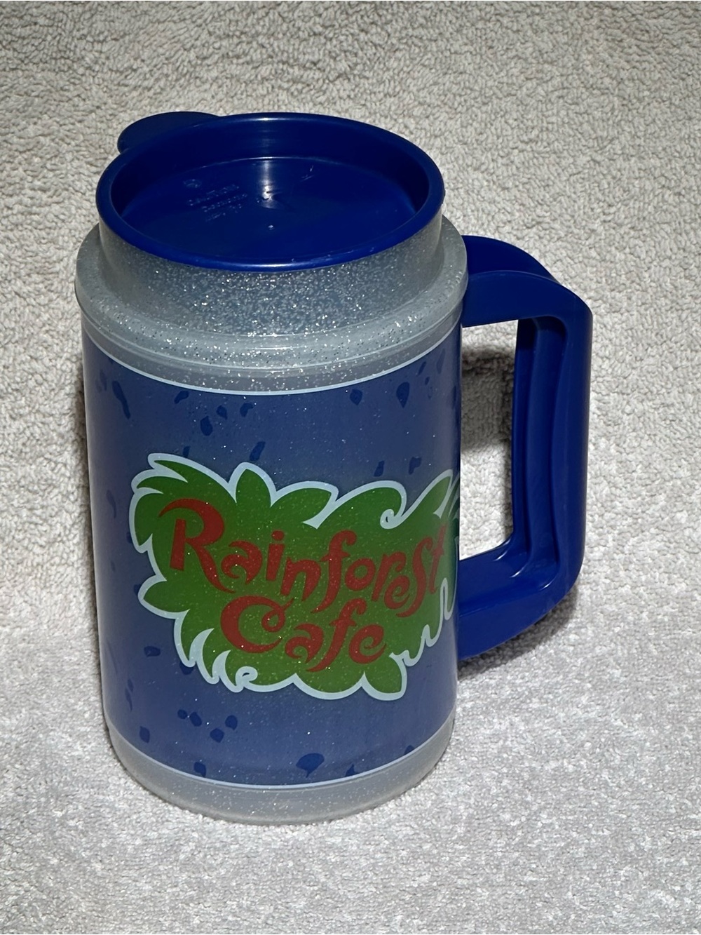 Vintage Rainforest Cafe Insulated Travel Mug Blue Plastic Souvenir Cup with Lid